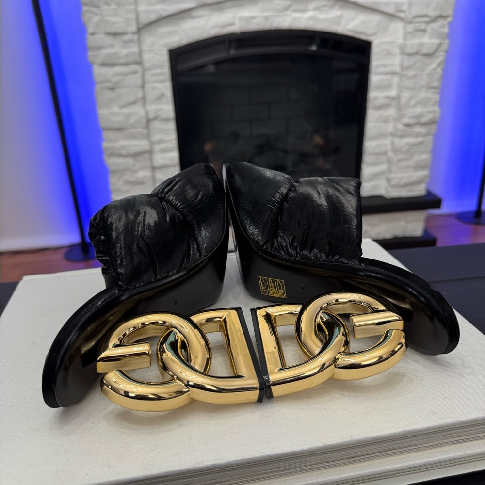Dolce & Gabanna Down Padded Mules Black Heels with DG Gold Accent